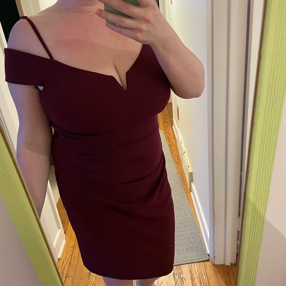 Le Chateau One Shoulder Crepe Burgundy Dress